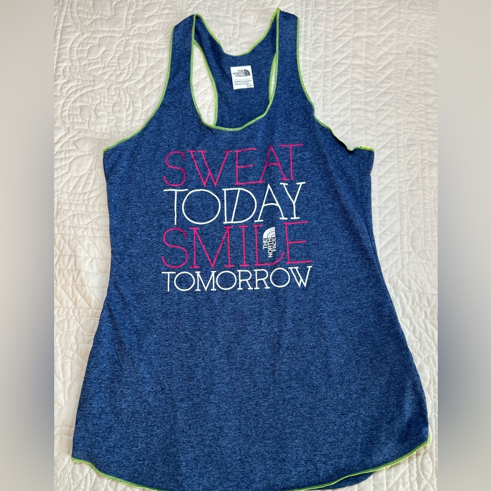 The North Face Sweat Today Smile Tomorrow Racerback Performance Blue Tank Sz S
